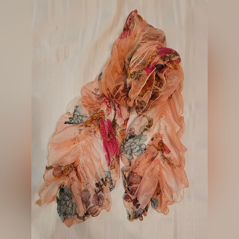 Scarf Belt - Floral Polyester Stretch Orange Pink Green - 6x54"